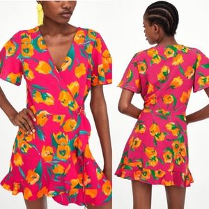 Zara Women's Pink Tropical Floral Wrap Dress Romper Size M #2594/419